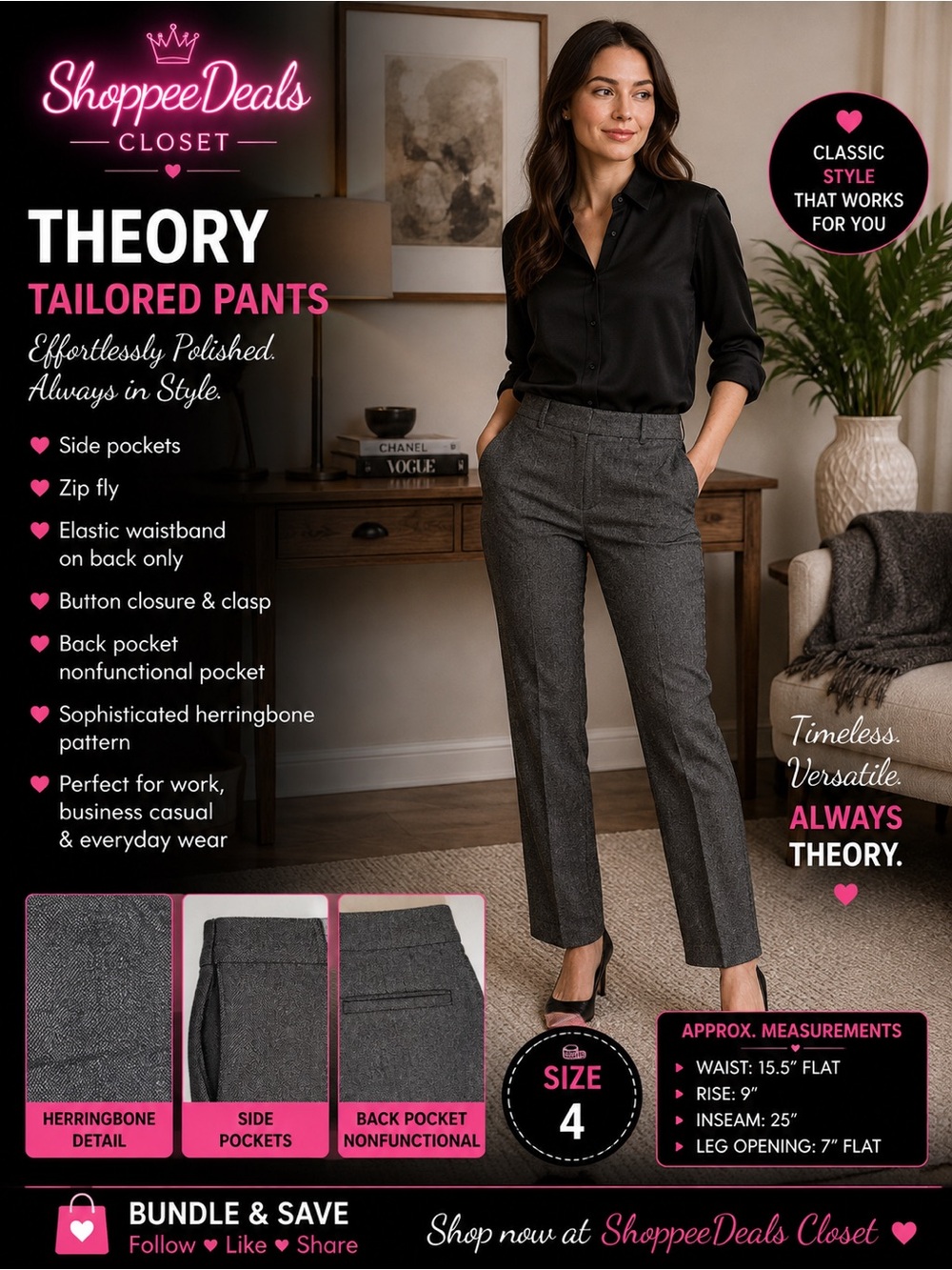 Theory Charcoal Gray Herringbone Tailored Pants – Size 4